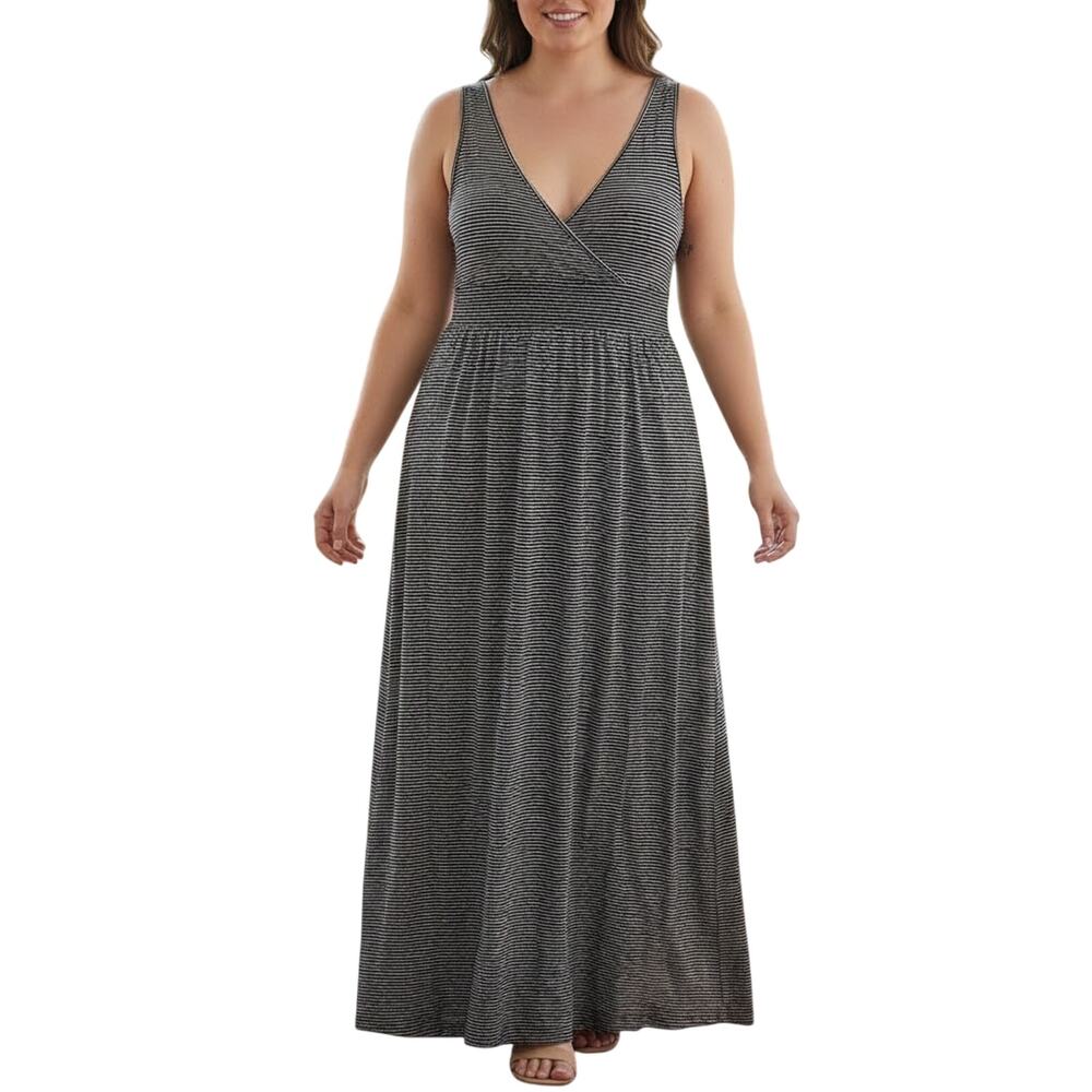 Maxi Dress SZ L V-Neck Empire Waist Cha Cha Vente Striped  Black Grey Used Boho
